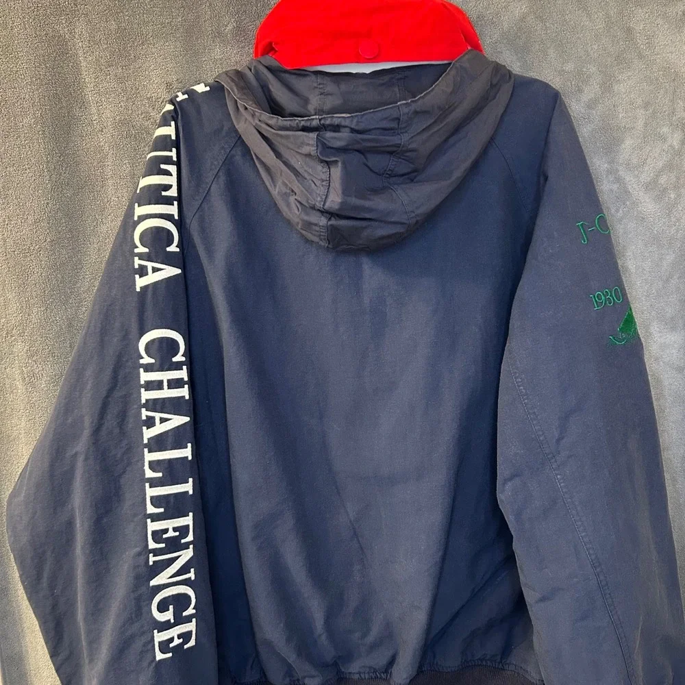 VTG 90s Nautica Challenge J-Class Sailing Jacket Navy Red XXL Hooded Windbreaker
